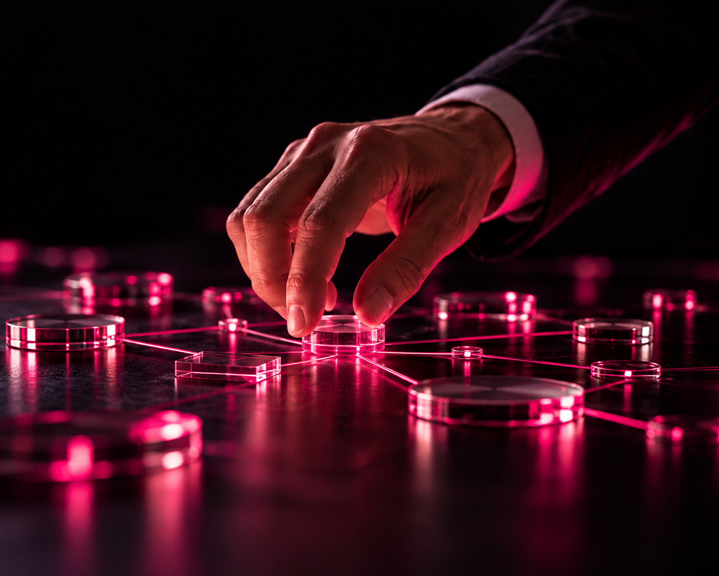 Imagem conceitual de uma mão conectando peças de vidro sob luz magenta